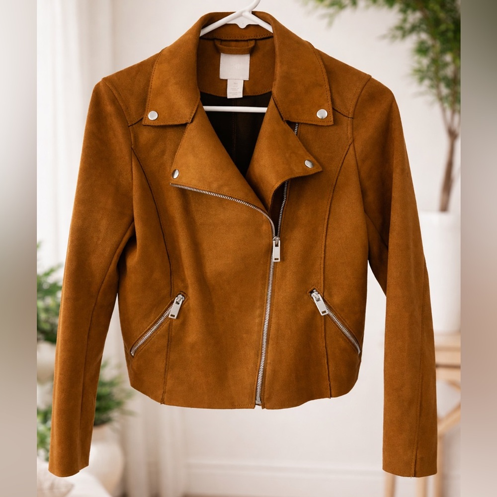 Camel Faux Suede Moto Jacket Cropped Biker Minimalist 90s Chic Size 2 - Picture 2 of 9